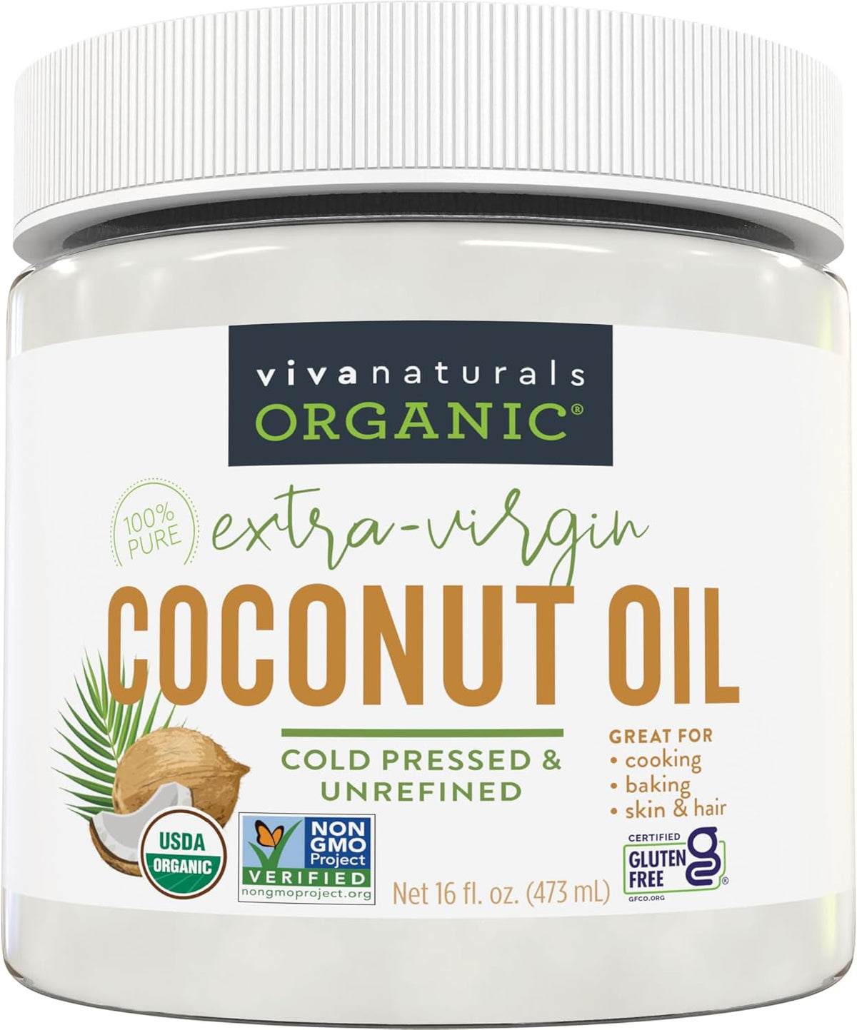 Viva Naturals Organic Unrefined Coconut Oil - Cold-Pressed Extra Virgin, 16oz for Cooking, Hair & Skin