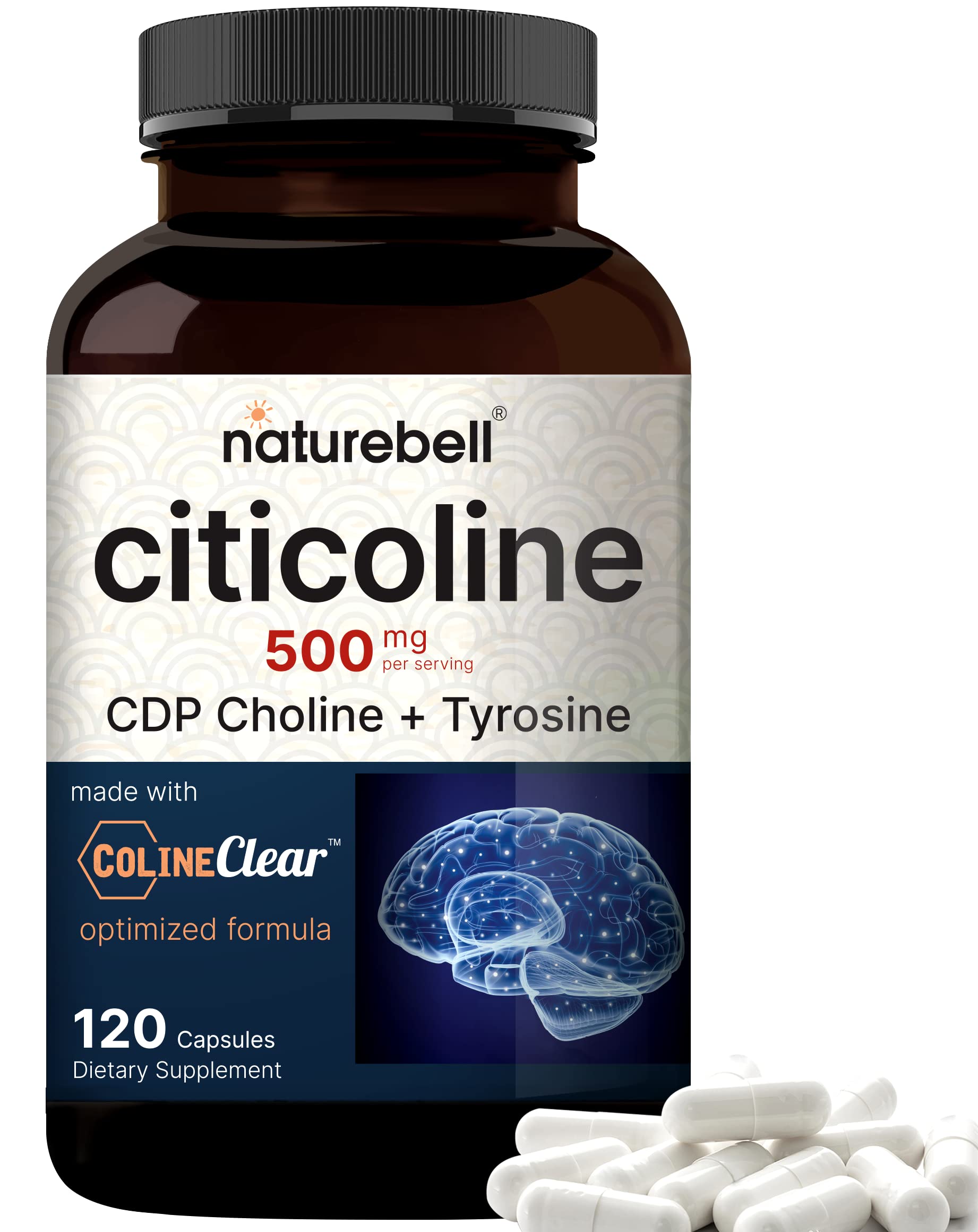 NatureBell Citicoline CDP Choline 500mg + Tyrosine 50mg - Brain Support Supplement - 120 Capsules - Non-GMO