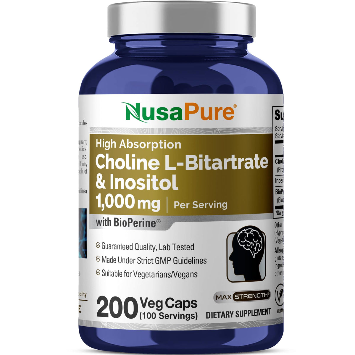 Choline & Inositol 1000mg - 200 Veggie Capsules | Non-GMO, Gluten-Free, Vegetarian