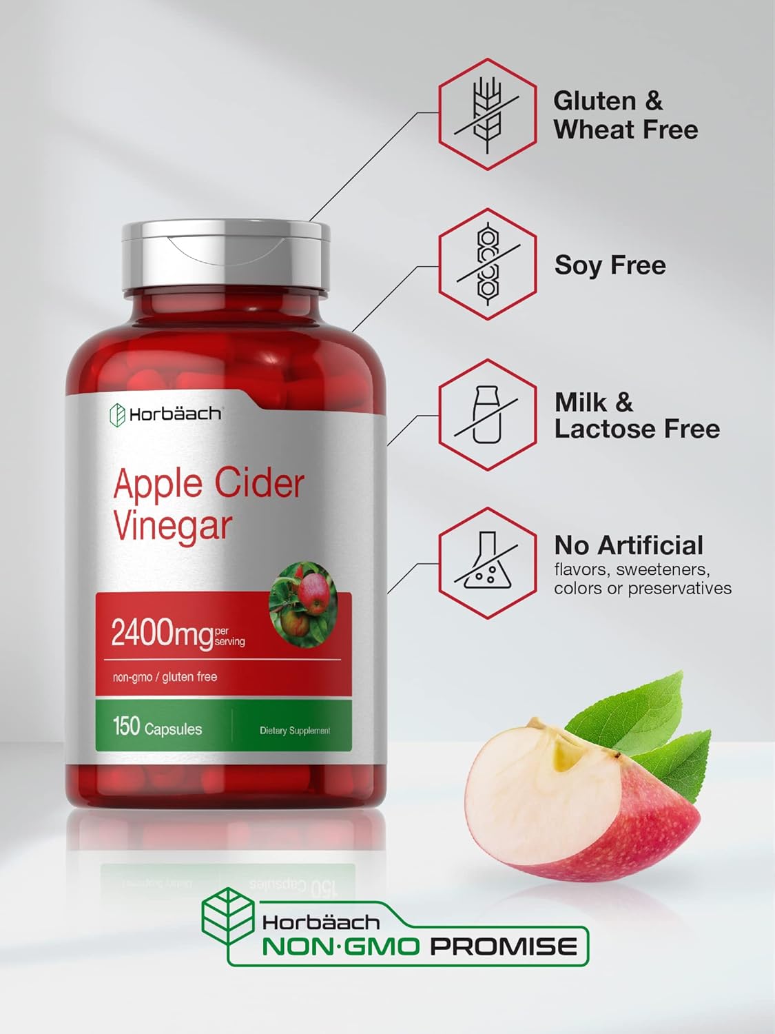 Horbäach apple cider vinegar capsules: 150 capsules, 2400mg per serving for digestion and weight management.