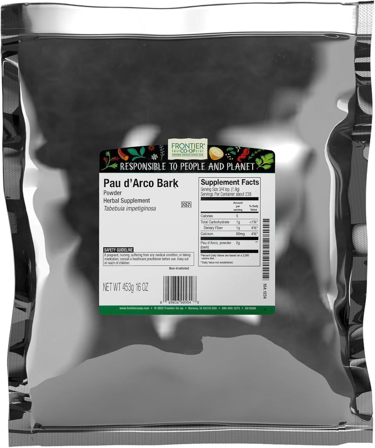 مسحوق لحاء باو دي أركو العضوي المطحون (Pau d'Arco Bark Powder) - فرونتير كواب (Frontier Co-op) - 1 رطل بالجملة - دعم عشبي معتمد كوشير وغير مُشعَّع