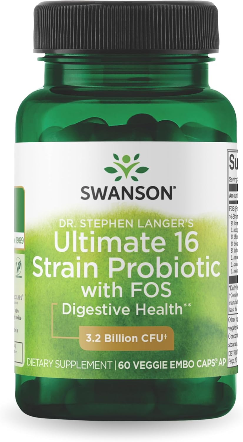 Swanson Probiotic with Prebiotic FOS Dr. Stephen Langer's Formula Digestive Support 16-Strain Supplement 3.2 Billion CFU 60 Capsules .