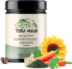 TERRA ORIGIN Superfoods Greens Immune Defense and Digestive Support | Probiotics, Organic Vegetables, Digestive Enzymes | Non-GMO, Gluten-Free, Dairy Free, Vegan | 30 Servings | Coffee Flavor