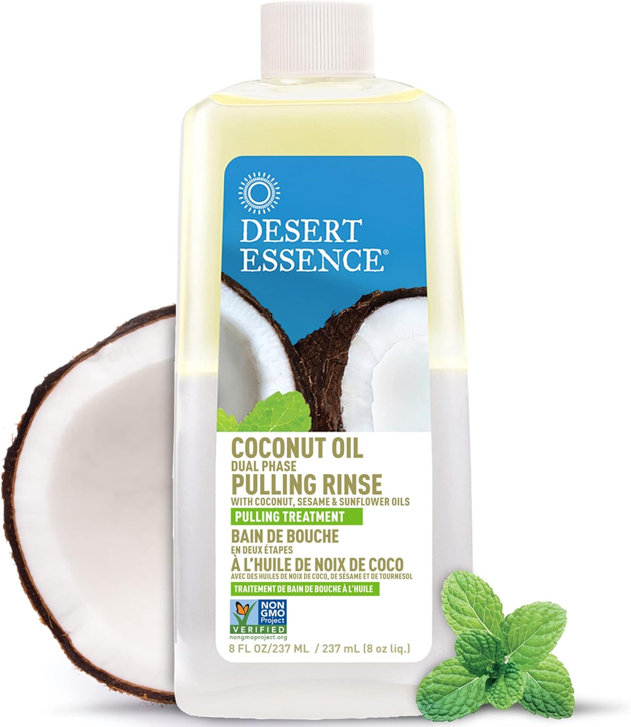 Desert Essence Coconut Oil Dual Phase Pulling Rinse, Mint, 8 fl oz - Alcohol Free, Sugar Free, Gluten Free, Vegan, Non-GMO - Organic Virgin Coconut Oil, Sesame Oil, Sunflower Oil & Tea Tree Oil