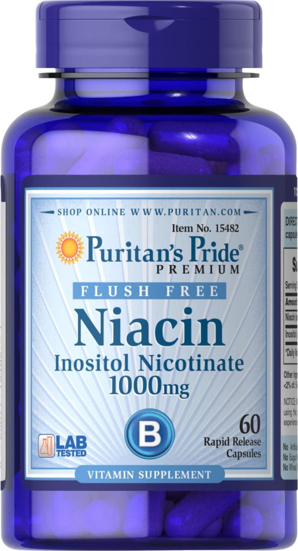 Puritan's Pride Flush-Free Niacin Inositol Nicotinate 1000mg - 60 Capsules for Heart Health