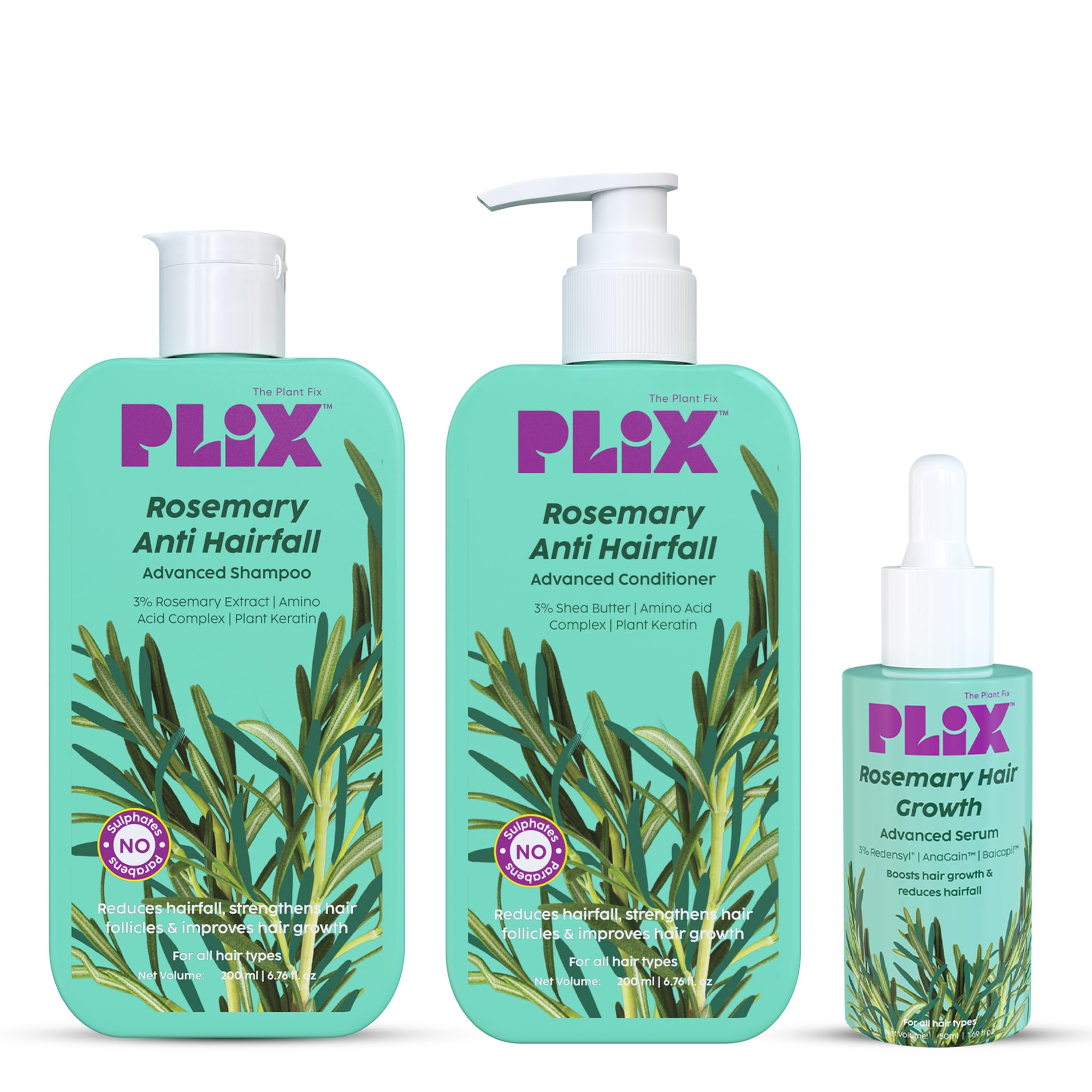 PLIX Rosemary Anti Hairfall Regime Combo - 3% Redensyl Serum, Shampoo & Conditioner