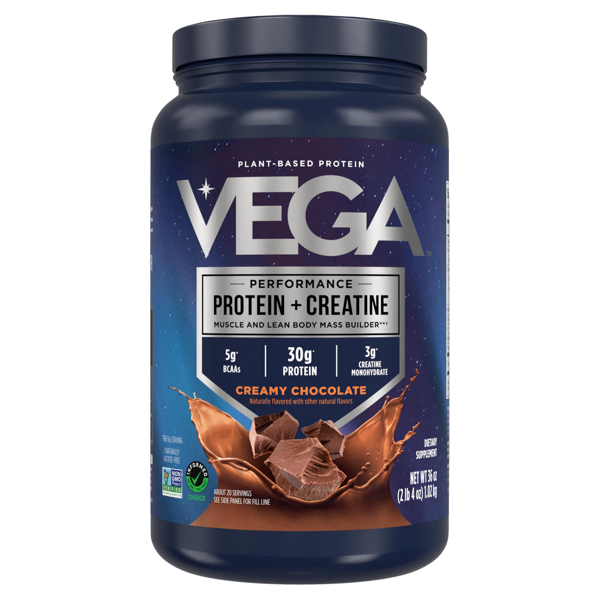 Vega Protein + Creatine Chocolate - 36oz Vegan Drink Mix for Muscle Growth