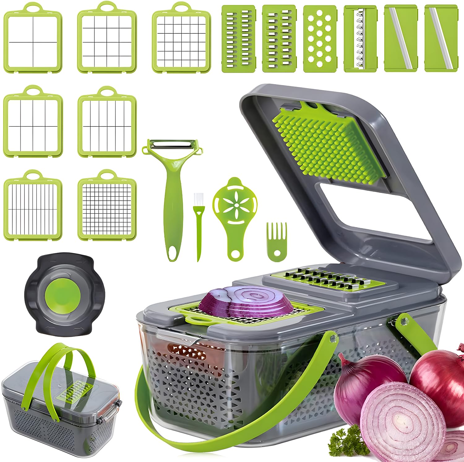 22-in-1 Vegetable Slicer & Onion Chopper - Multi-Blade Food Cutter with Drain Rack