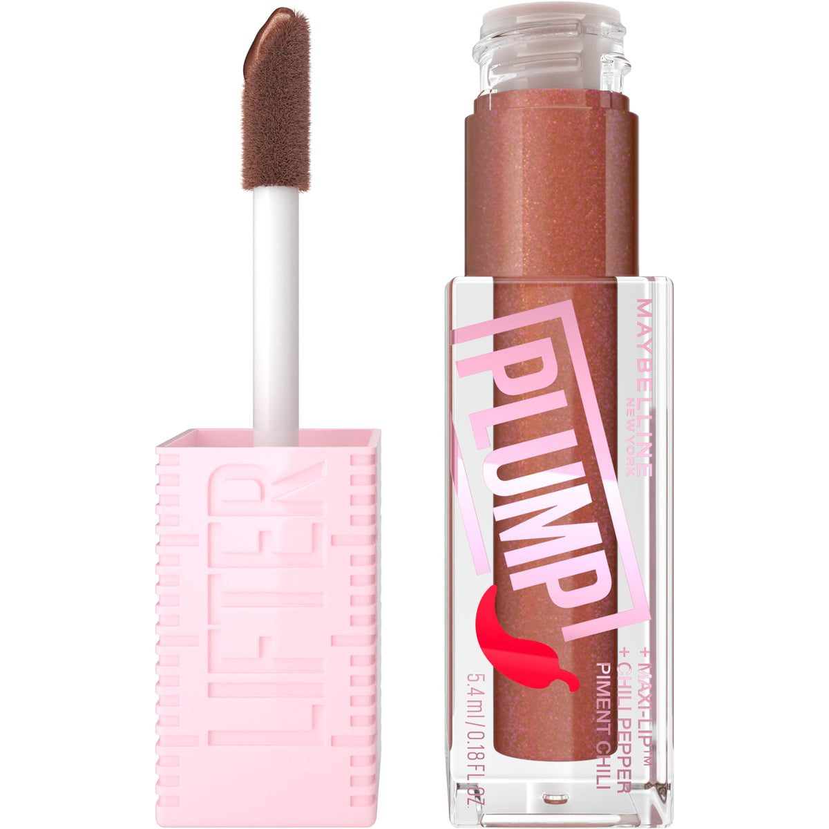 Maybelline Lifter Gloss Lifter Plump - Cocoa Zing | Plumping Lip Gloss with Chili Pepper & 5% Maxi-Lip | Sheer Cool Brown | 1 Count