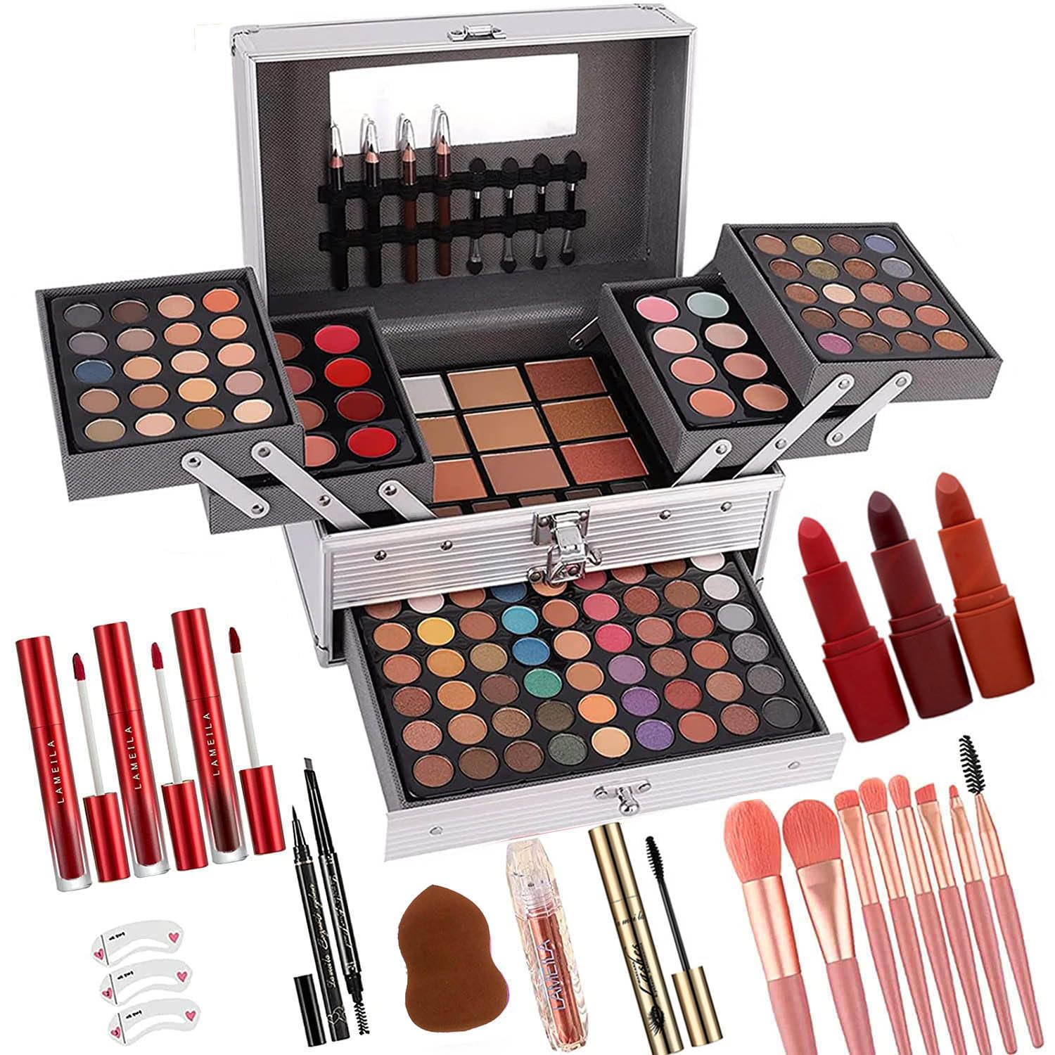 UNIFULL 132 Color All-In-One Makeup Kit for Women - Professional Makeup Set with Eyeshadow, Lipstick, Concealer, Lip Gloss, Eyeliner & Mascara (006N2-Silver)
