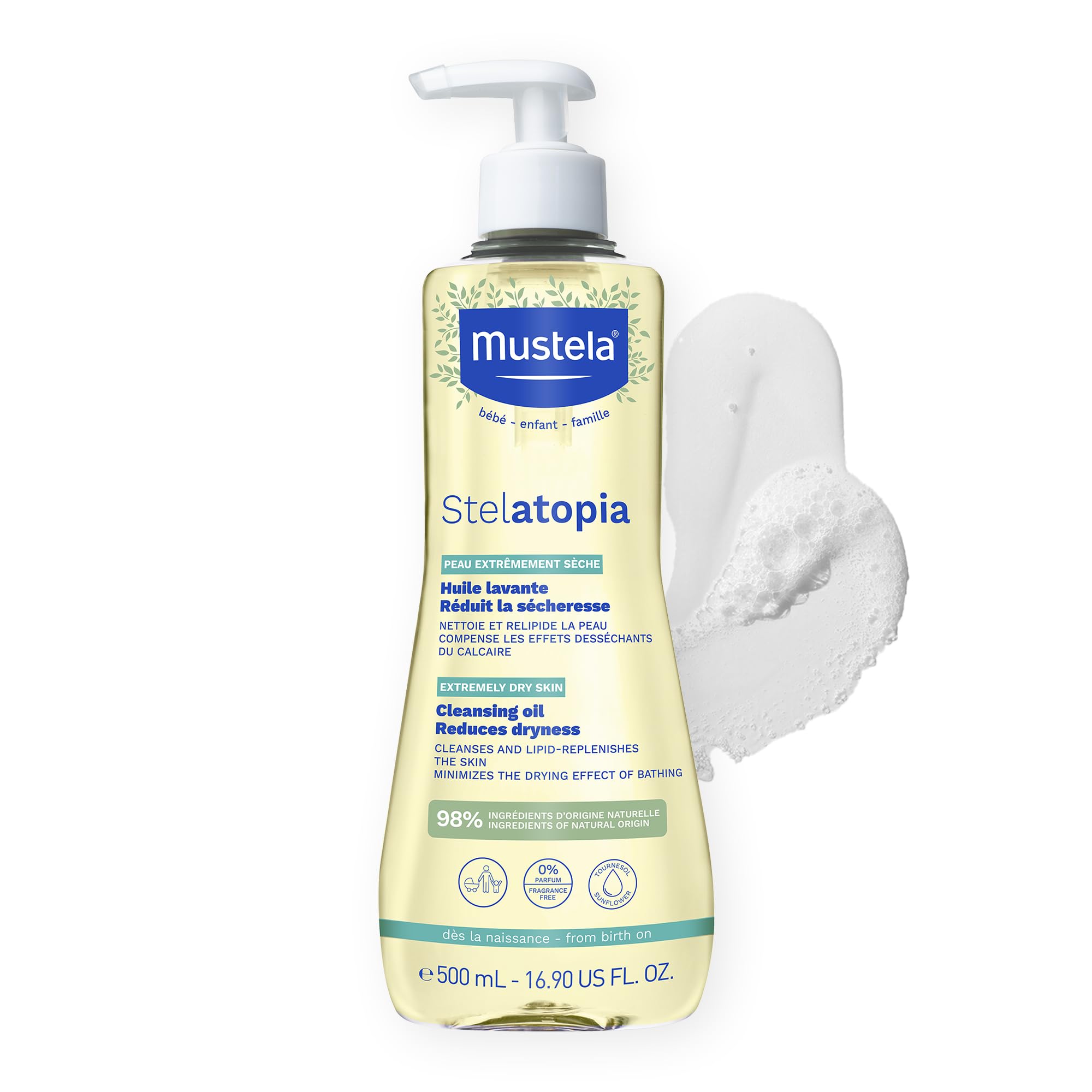 Mustela Stelatopia Eczema-Prone Skin Cleansing Oil - Baby Body Wash with Natural Avocado & Sunflower Oil - EWG Verified - Fragrance-Free & Tear Free - 16.9 fl. oz.