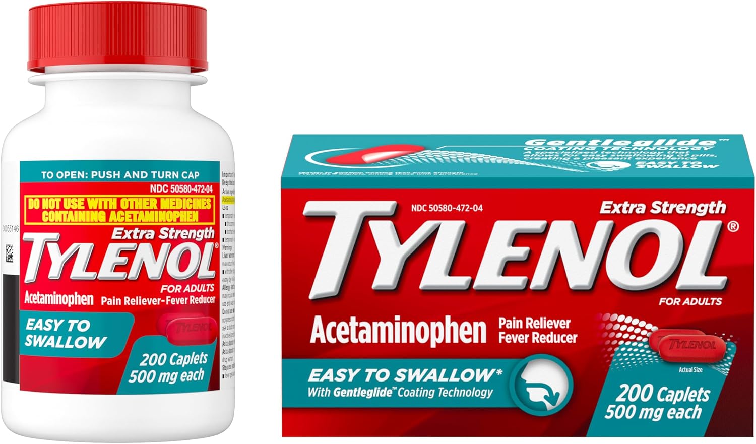 GenericName_ مُسكن ألم وفيروريدucer من تيلينول، 200 حبة، 500 ملغ من الأسيتامينوفين مع تكنولوجيا Gentleglide.