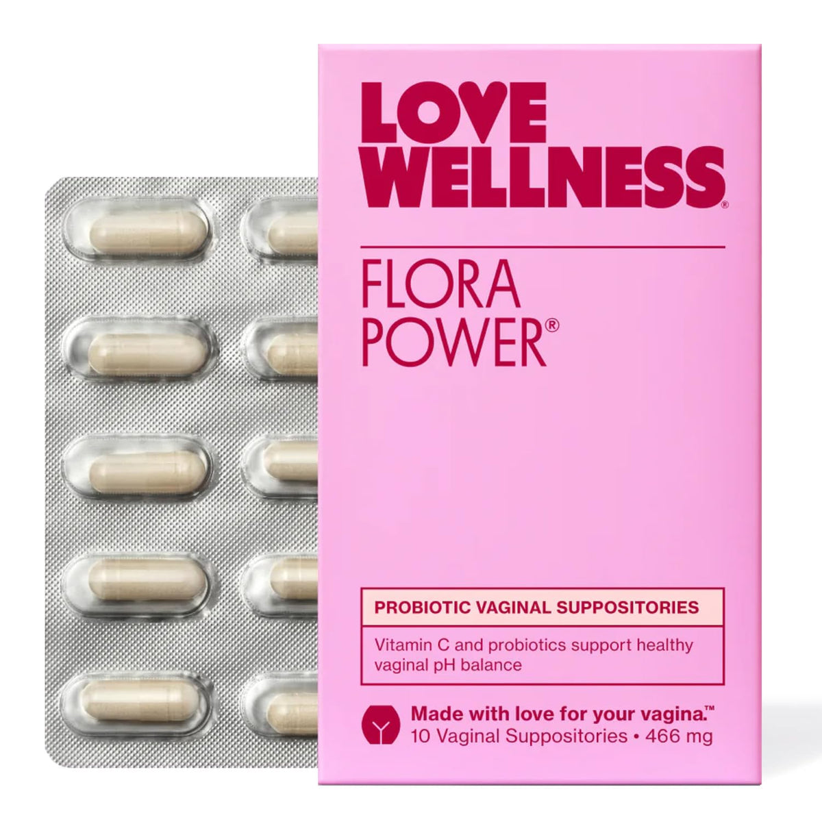 Love Wellness Flora Power Suppositories - Vitamin C for Vaginal Health & pH Balance (Pack of 10)