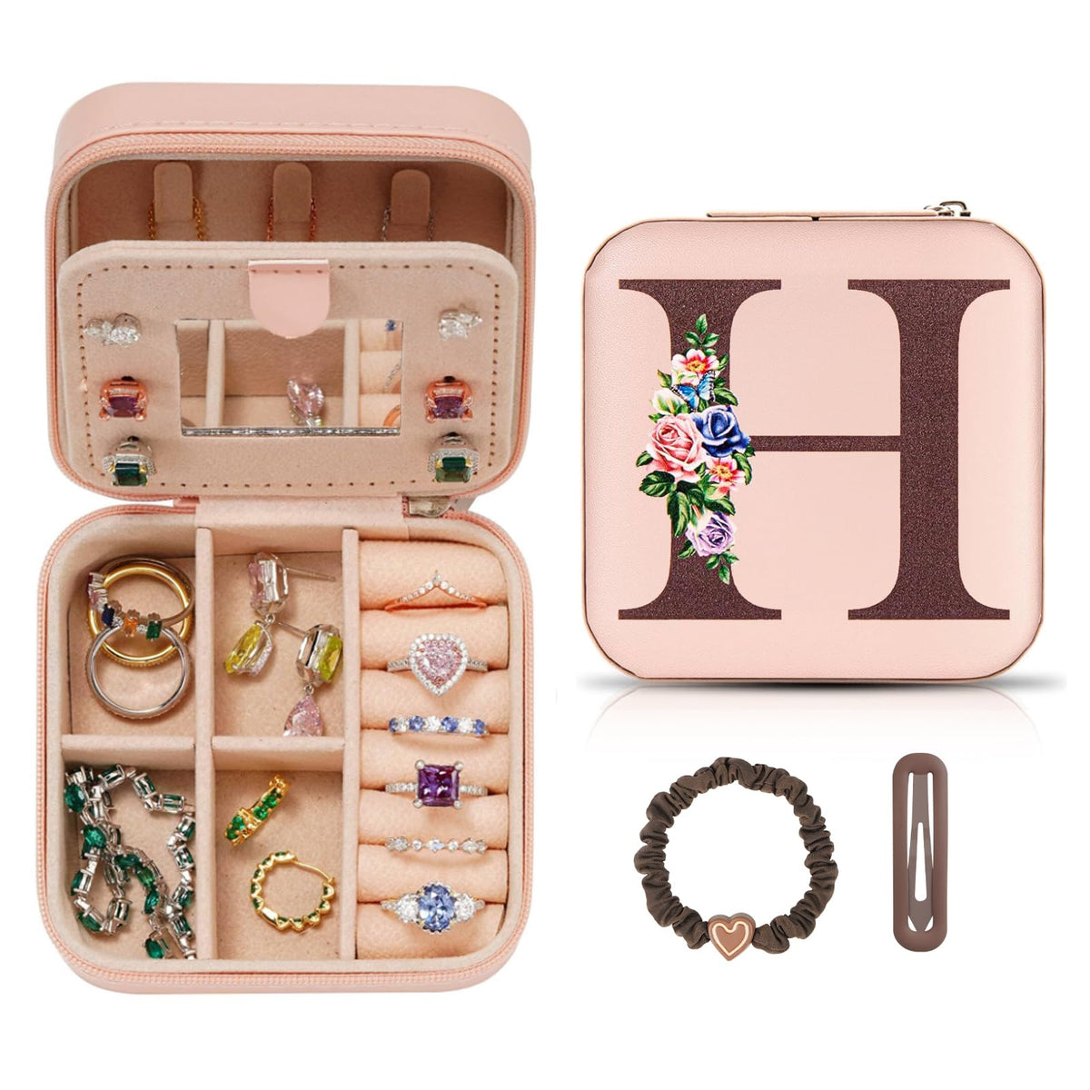 LIWEGHT Initial Travel Jewelry Box - Small Case with Mirror for Rings, Necklaces & Earrings