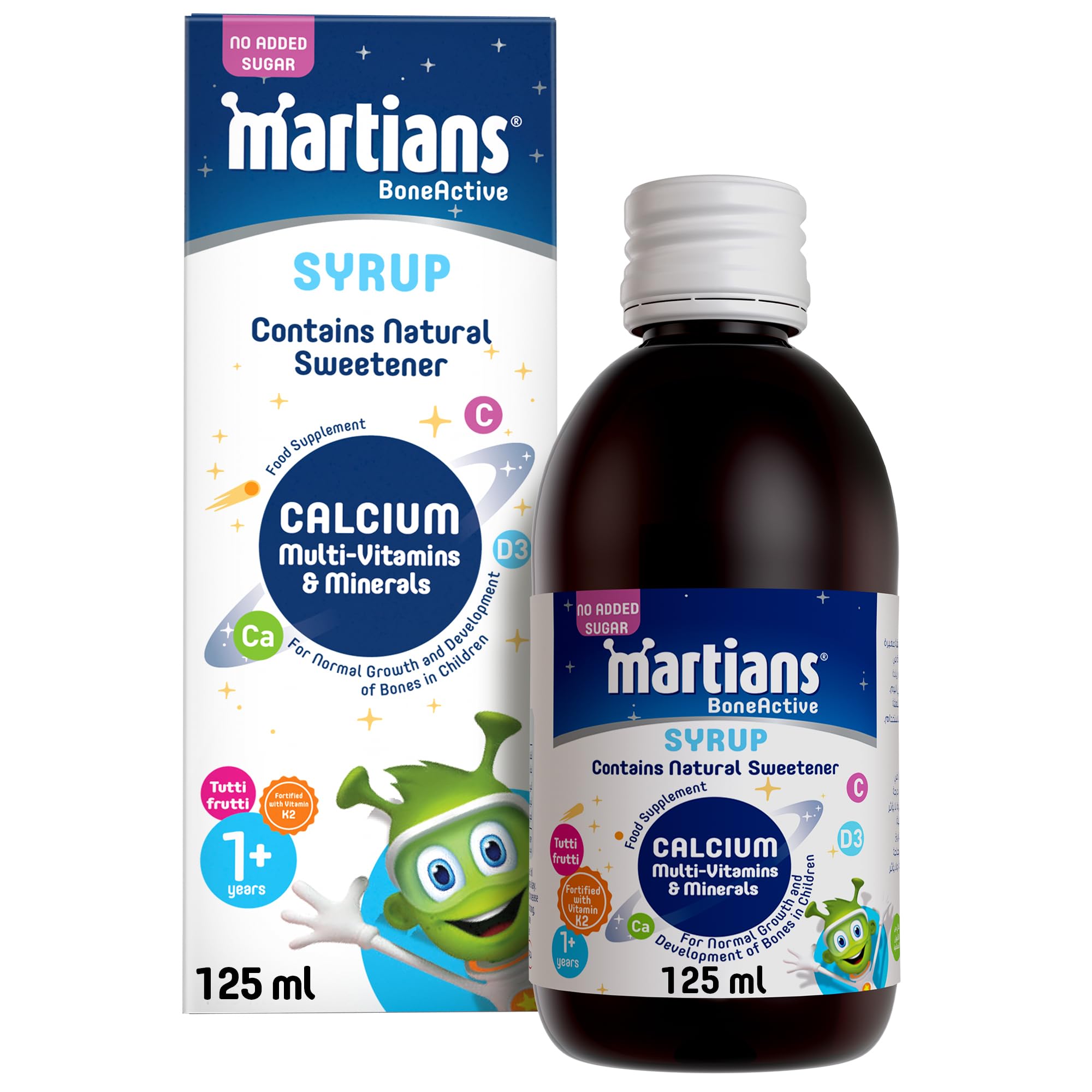Martians BoneActive Calcium, Multivitamins & Minerals Syrup for Children 1+ Years | Tutti Frutti Flavour | 125ml