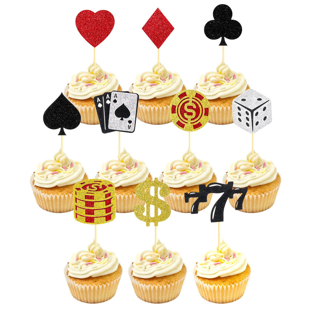 24 Pcs Casino Cupcake Toppers with Glitter Poker Chips - Vegas Themed Party Decorations