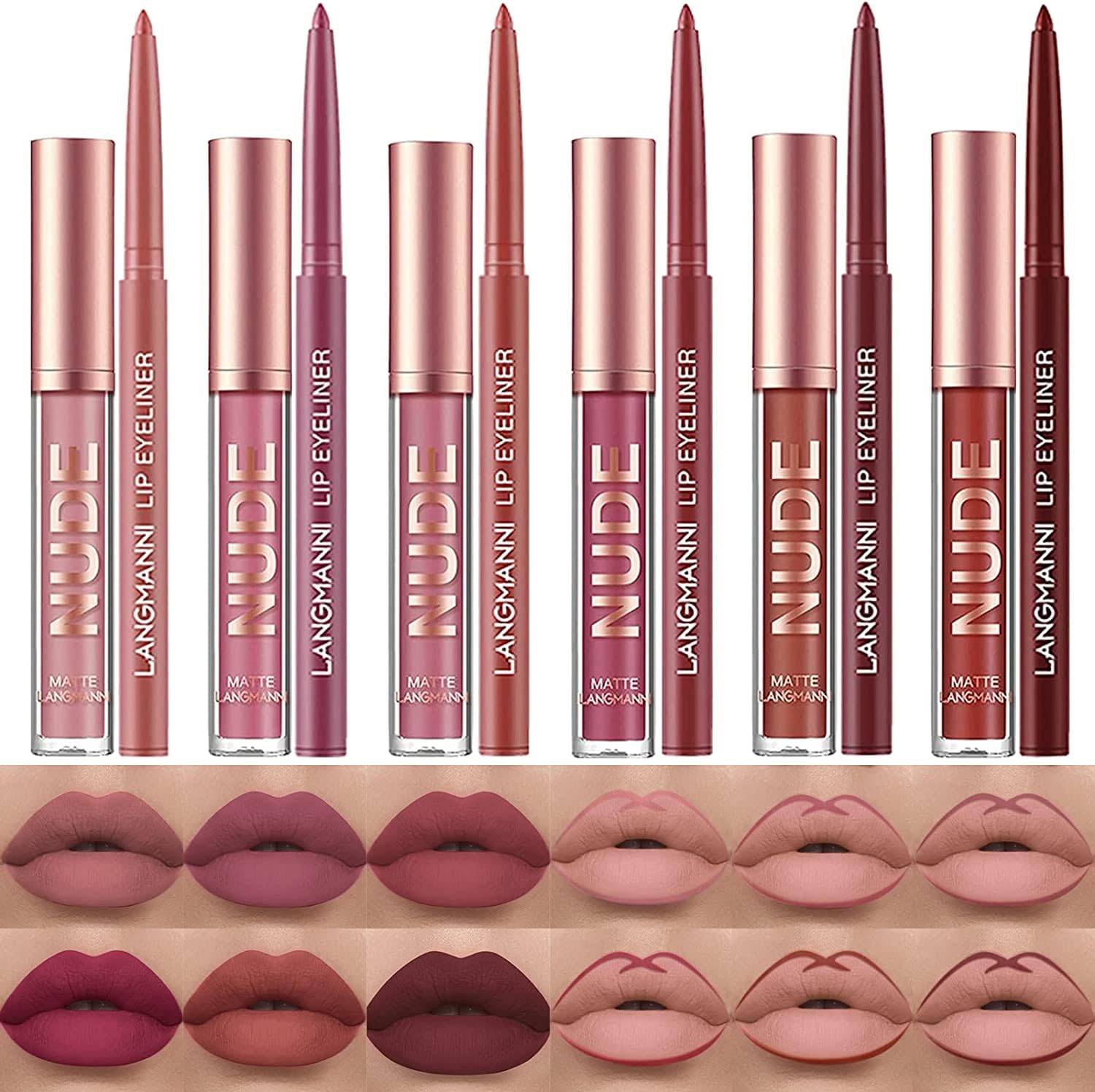 LANGMANNI 6 Matte Lipstick & Lip Liner Set - Long-Lasting Waterproof Velvet Lipgloss Kit
