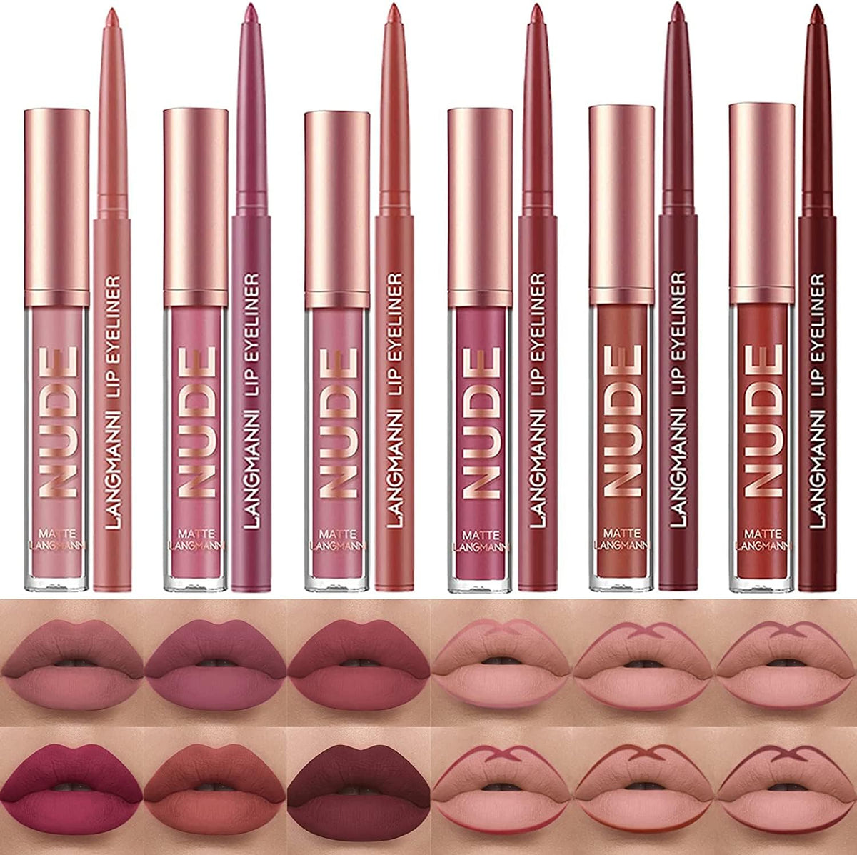 LANGMANNI 6 Matte Lipstick & Lip Liner Set - Long-Lasting Waterproof Velvet Lipgloss Kit