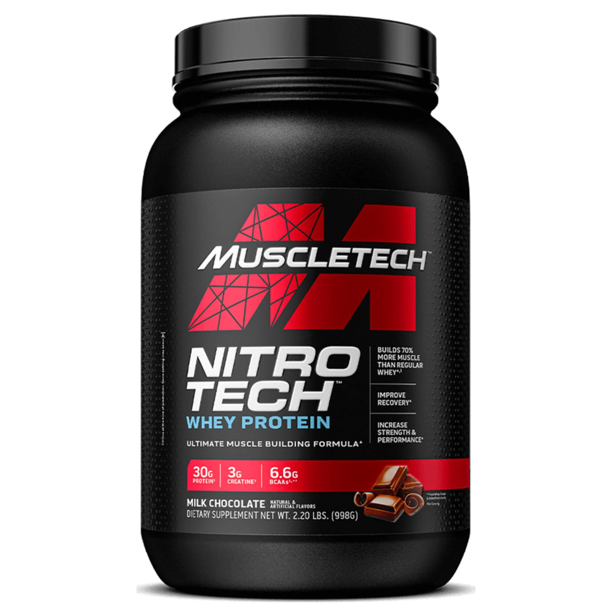 Muscletech NitroTech Whey Protein - Ultimate Muscle Building Formula with Whey Isolate & Peptides - 30g Protein, 3g Creatine & 6.8g BCAAs - Milk Chocolate - 2.20 lbs