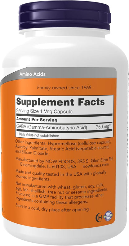 مكملات NOW Foods، حمض جاما أمينوبوتيريك (GABA) 750 مجم، لدعم الناقل العصبي*، 200 كبسولة نباتية 
