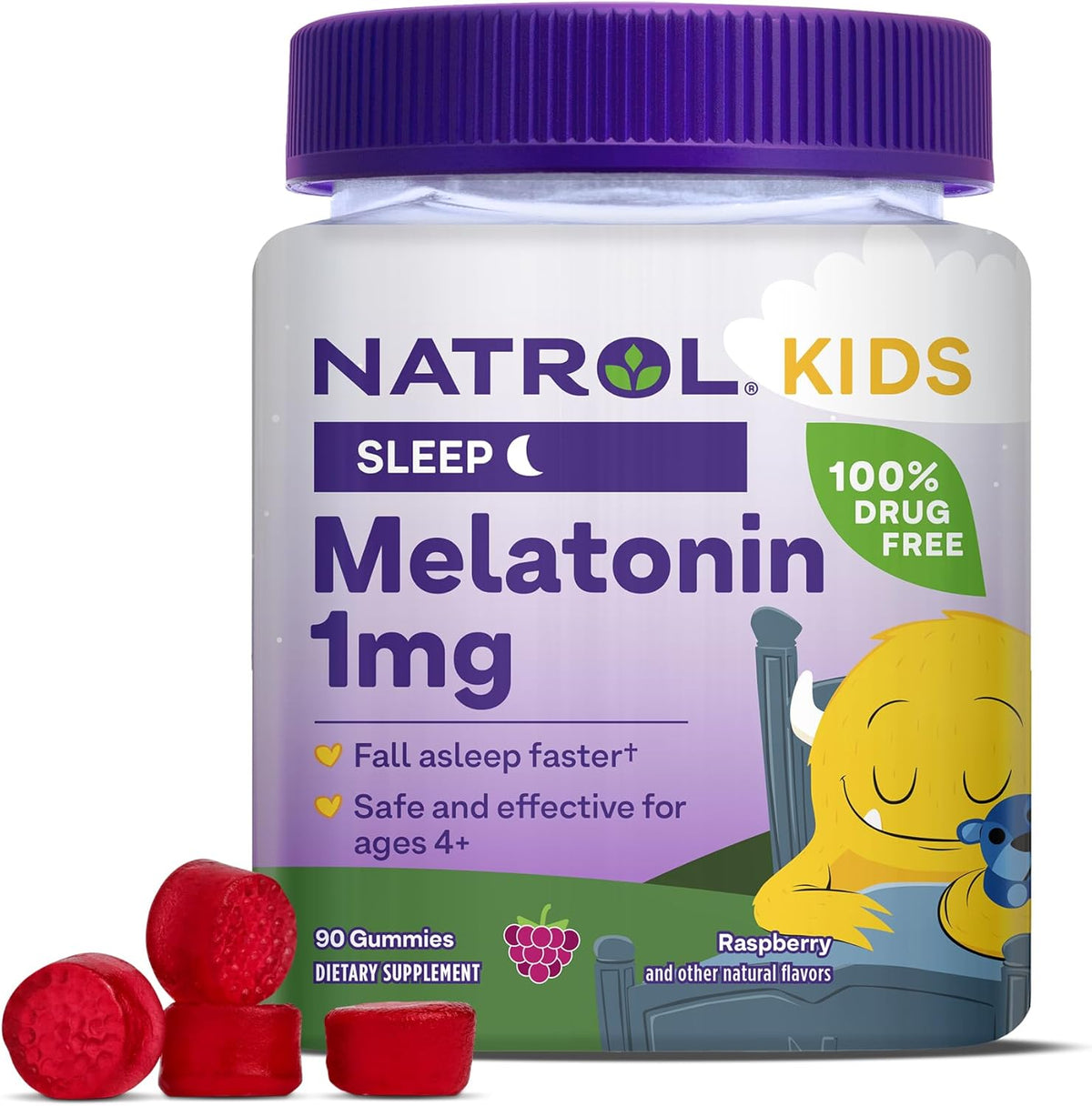 Natrol، للأطفال، علكات الميلاتونين، للأعمار 4 سنوات فما فوق، توت العليق، 1 مجم، 90 علكة