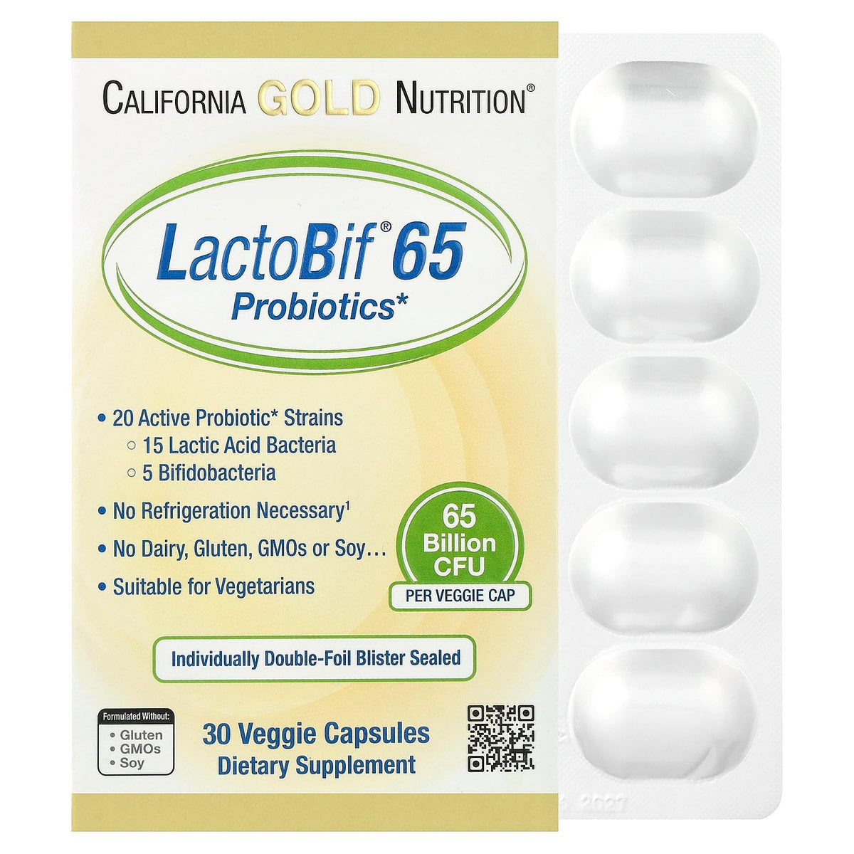 California Gold Nutrition LactoBif 65 Probiotics 65 Billion CFU 30 Veggie Capsules
