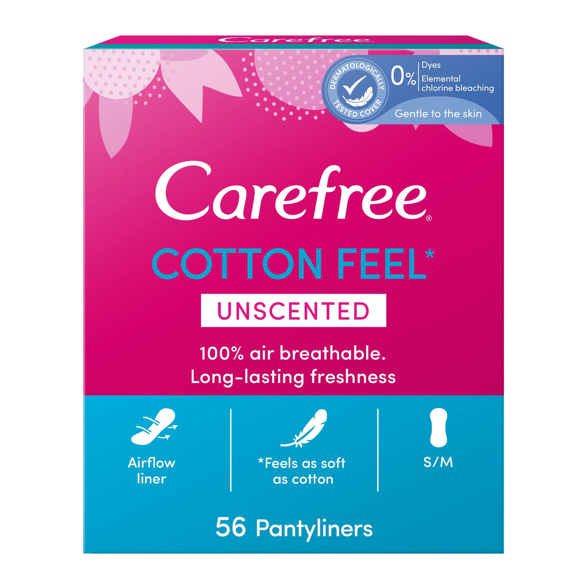 Carefree Cotton Feel Unscented Pantyliners - Breathable Daily Freshness, Pack of 56