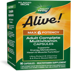 Nature's Way Alive Max6 Potency Adult Complete Multivitamin, Vitamins A,C, E & B-Vitamins Including Methyl B12 & Folate, Supports Energy Metabolism*, No Added Iron, 90 Capsules (Packaging May Vary)