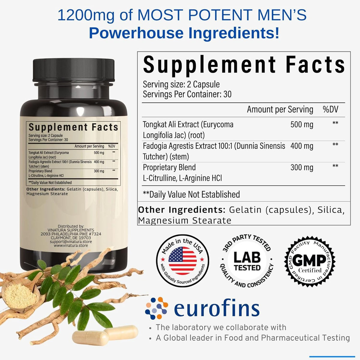 Tongkat Ali Fadogia Agrestis - 1200mg, Enhanced with Nitric Oxide Booster Supplement, Longjack Tongat-ali for Men, *USA Made and Tested*, 60 Capsules