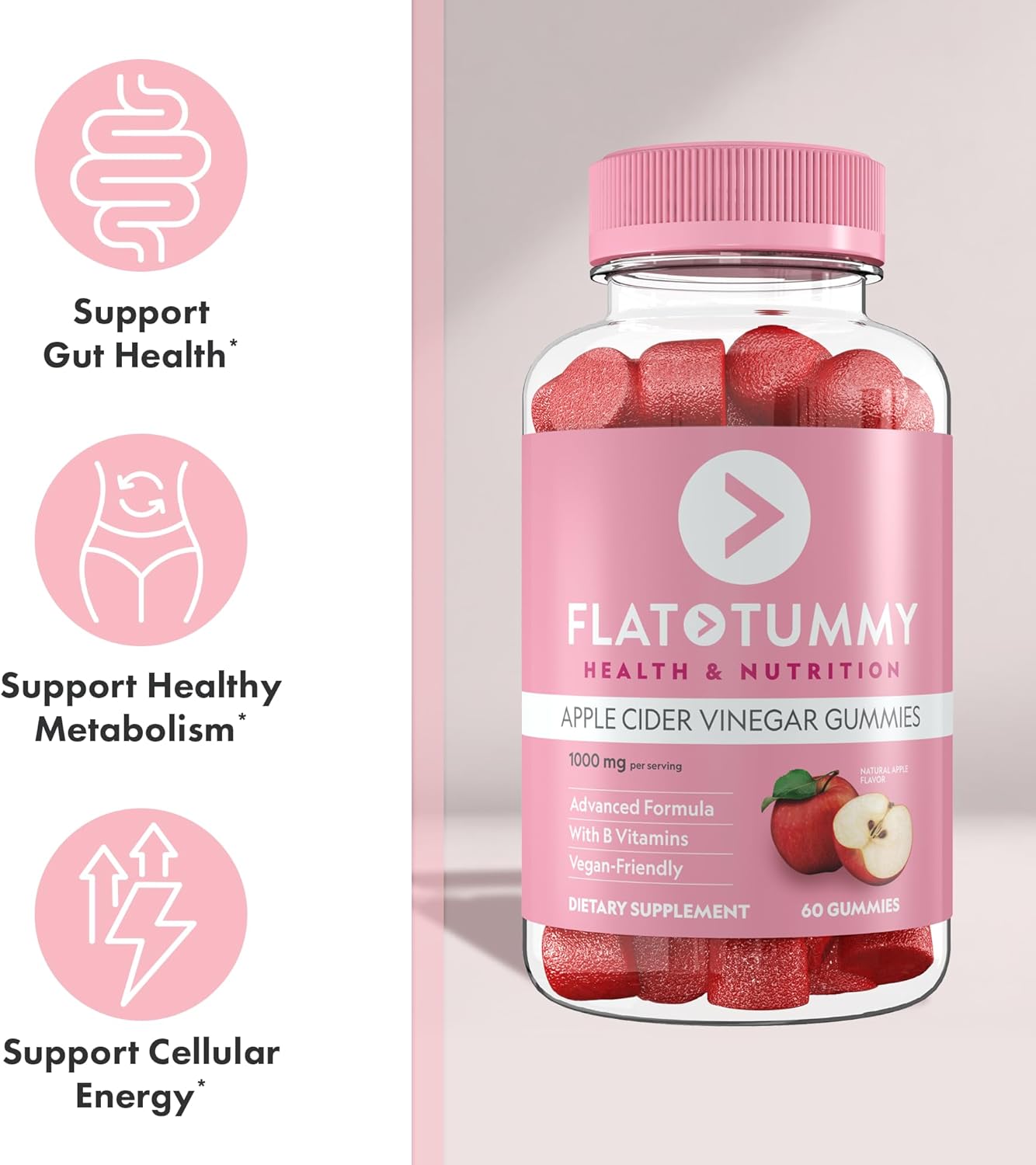 Flat Tummy apple cider vinegar gummies: Vegan, non-GMO gummies for gut health and weight management.