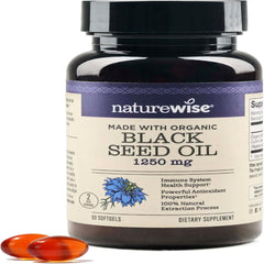NatureWise Black Seed Oil Capsules 1250 mg - with 100% Organic Cold Pressed Nigella Sativa - Omega 3 6 9 - Antioxidant Immune Support, Hair & Skin - Non-GMO, Gluten-Free - 60 Softgels