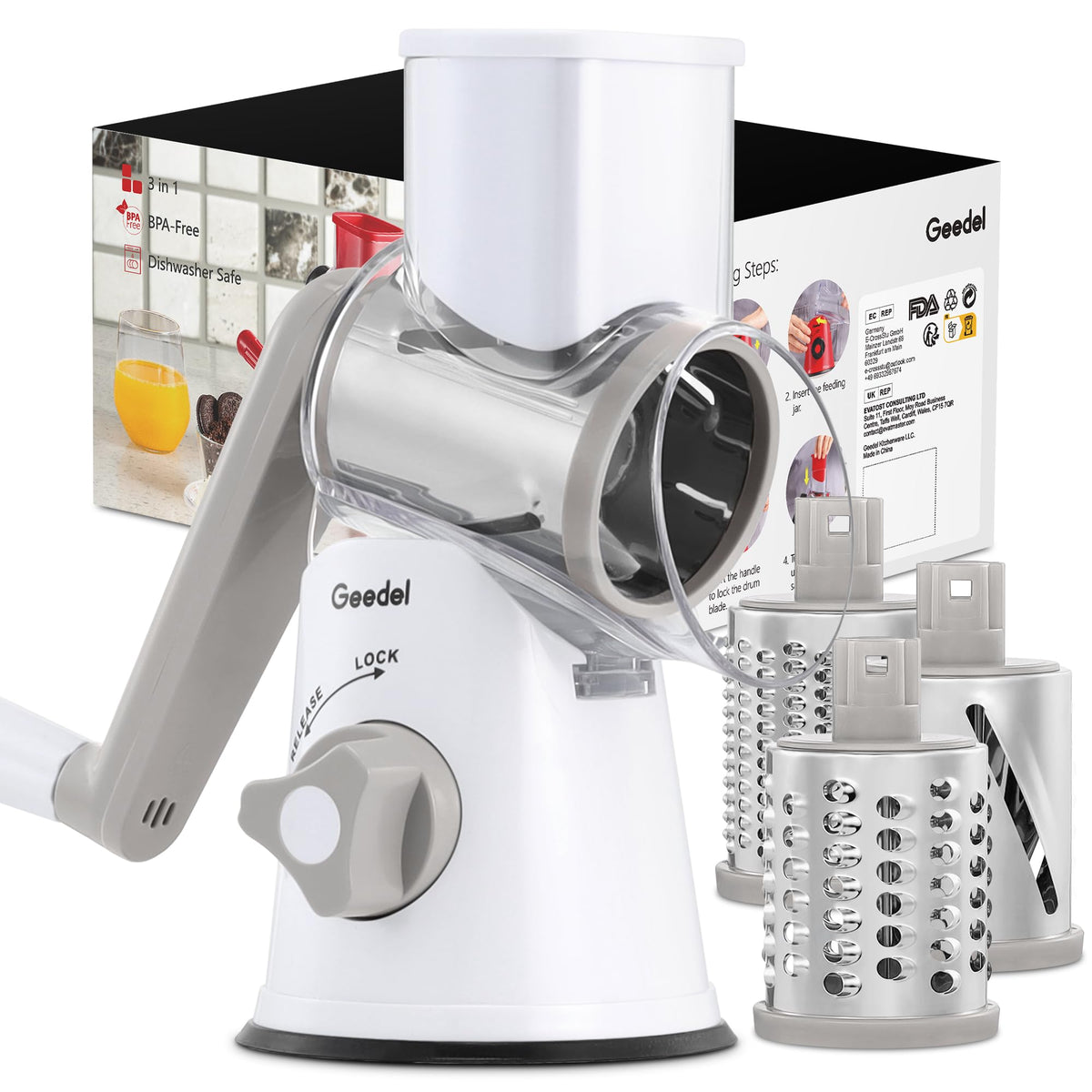 Geedel Rotary Cheese Grater & Mandoline Vegetable Slicer - 3 Blades