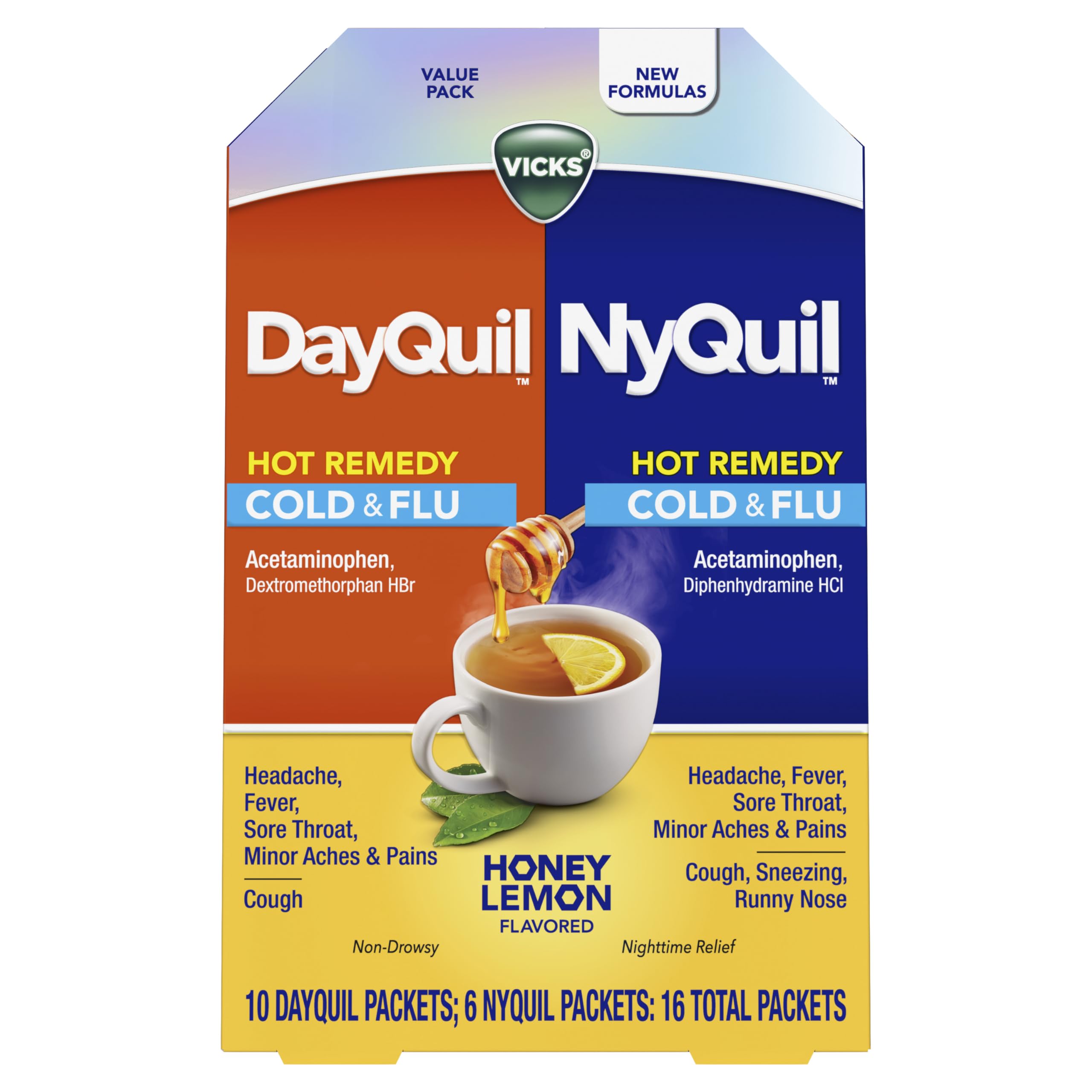 Vicks DayQuil & NyQuil Hot Remedy Powder Mix - Cold & Flu Relief Value Pack, 16 Packets