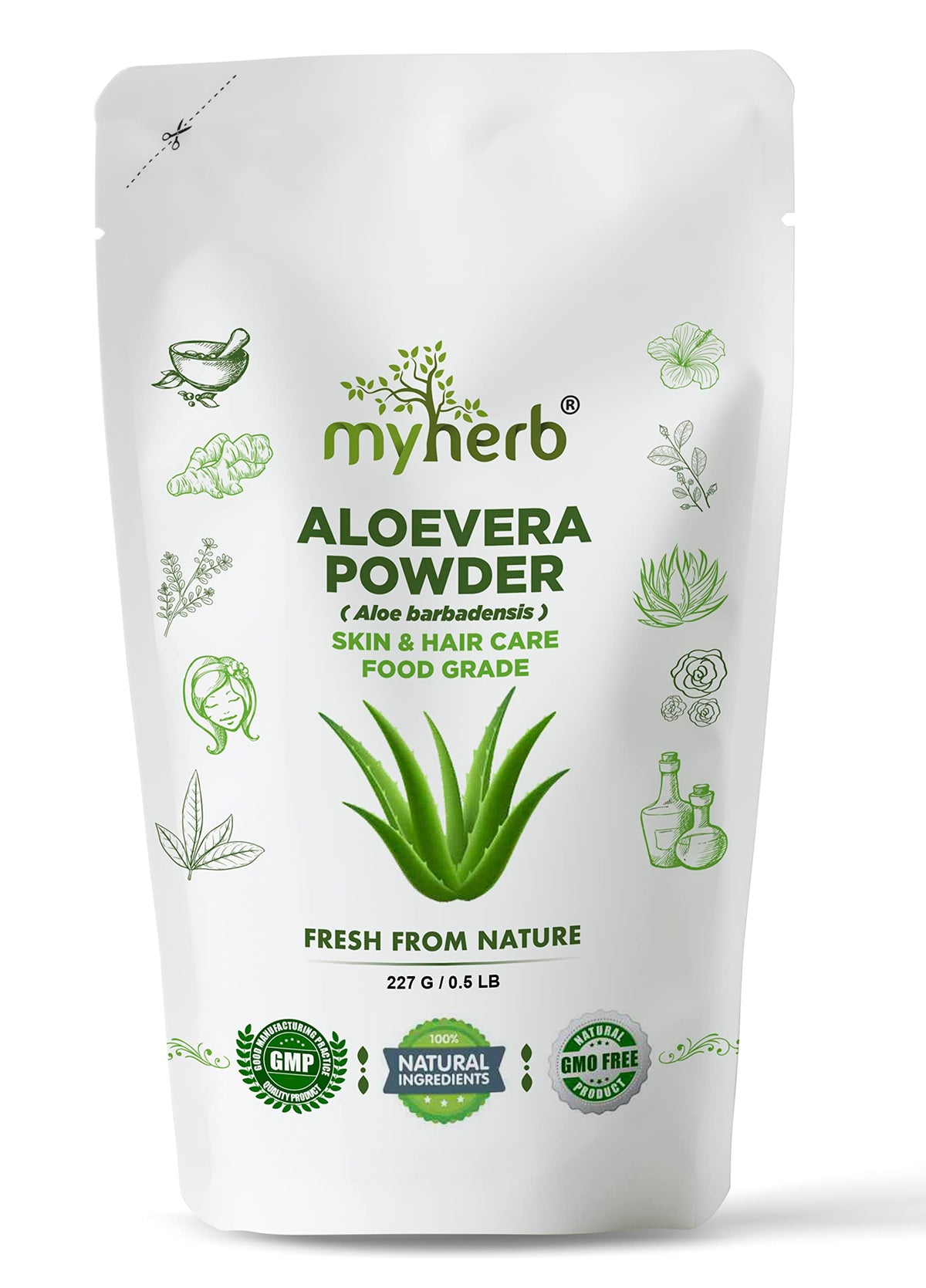 MYHERB 100% Pure Natural Organic Aloe Vera Powder - 227g for Skin, Hair & Food Grade Use