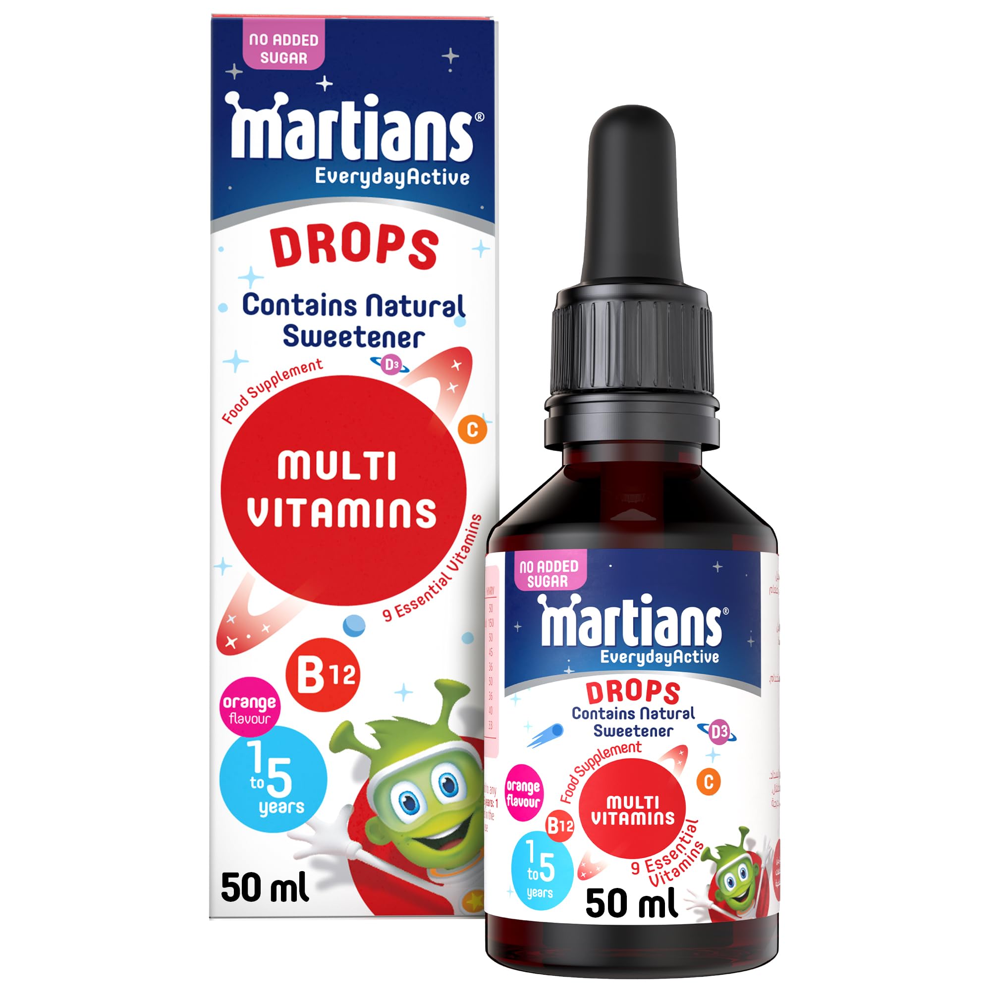 Martians Daily Multivitamin Drops 50ml - 9 Essential Vitamins with Orange Flavor - Supports Overall Health & Wellbeing