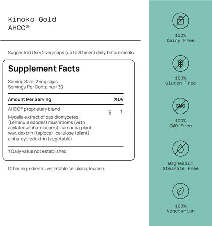 Premium Kinoko Gold AHCC Supplement–500mg of AHCC per Capsule–Supports Immune Health, Liver Function, Maintains Natural Killer Cell Activity & Enhances Cytokine Production–60 Veggie Capsules