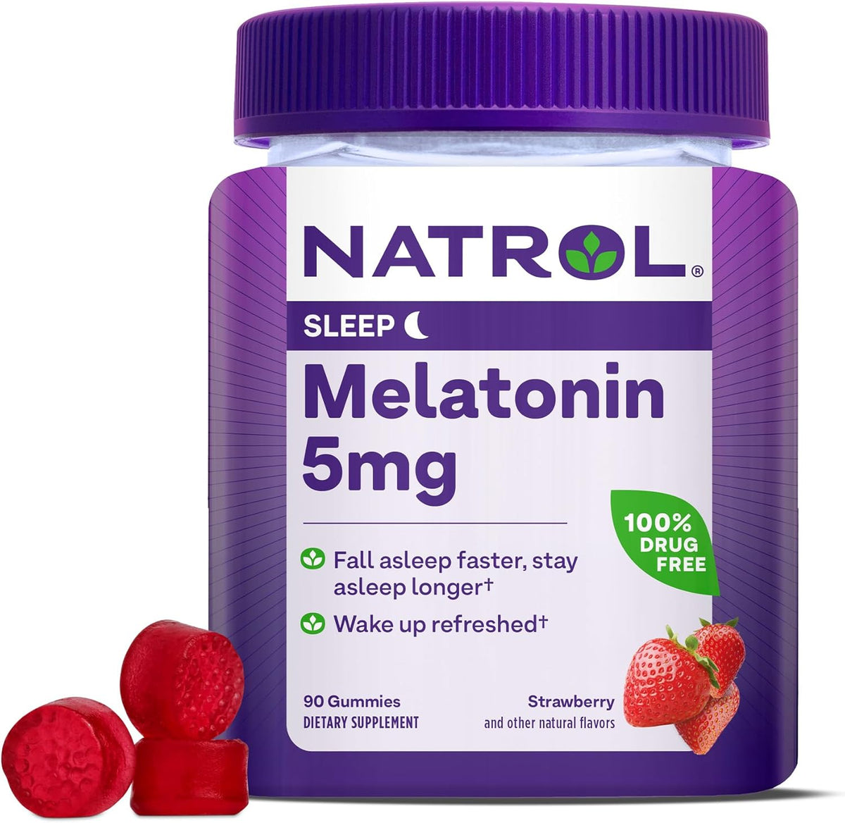 Natrol Melatonin Gummies, Sleep Support for Adults, 5 mg Melatonin Supplement for Sleeping, 90 Strawberry-Flavored Gummies, Up to a 90 Day Supply