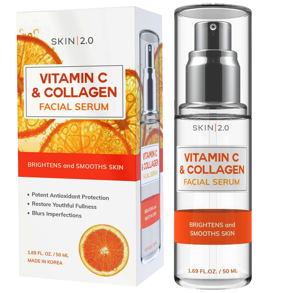 Vitamin C Serum With Collagen by Skin 2.0 - Dermatologist Tested Korean Skincare for Dark Spots & Brightening - Anti-Aging & Acne Facial Serum - Cruelty-Free - 1.69 Fl. oz