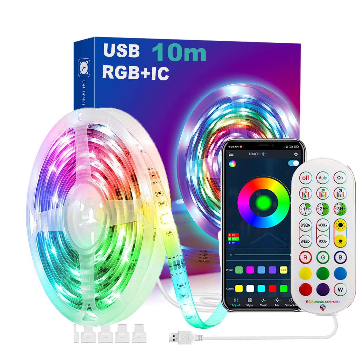UanTii 10M USB 5V RGBIC Smart Bluetooth LED Light Strip with Music Sync