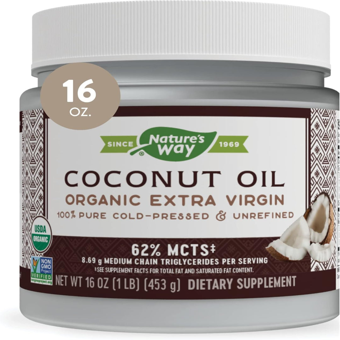 Nature's Way Organic Extra Virgin Coconut Oil, Pure and Unrefined, 62% MCTs, 16 Oz
