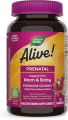 Nature's Way Alive! Prenatal Premium Gummy Multivitamins, High Potency Folate, Plant Based DHA, Vegetarian, Fragrance and Lemon Flavored, 75 Gummies (قد تختلف العبوة)