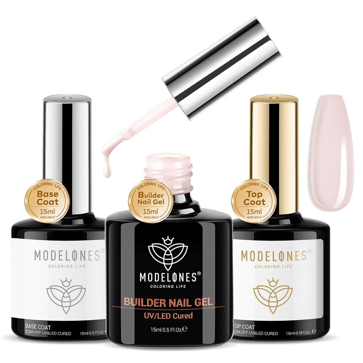 Modelones Builder Nail Gel Kit 5-Piece Set with Base Coat, Top Coat & Nail Strengthening Gel