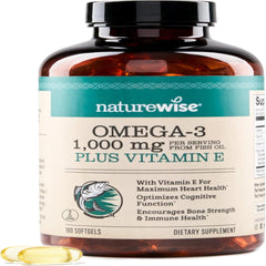 NatureWise Extra-Strength Omega 3 Fish Oil Supplement - 1000mg per Serving - 600 EPA & 400 DHA and Vitamin E - Support for Heart & Brain Health - Lemon Flavor, GMO-Free - 180 Softgels[3-Month Supply]