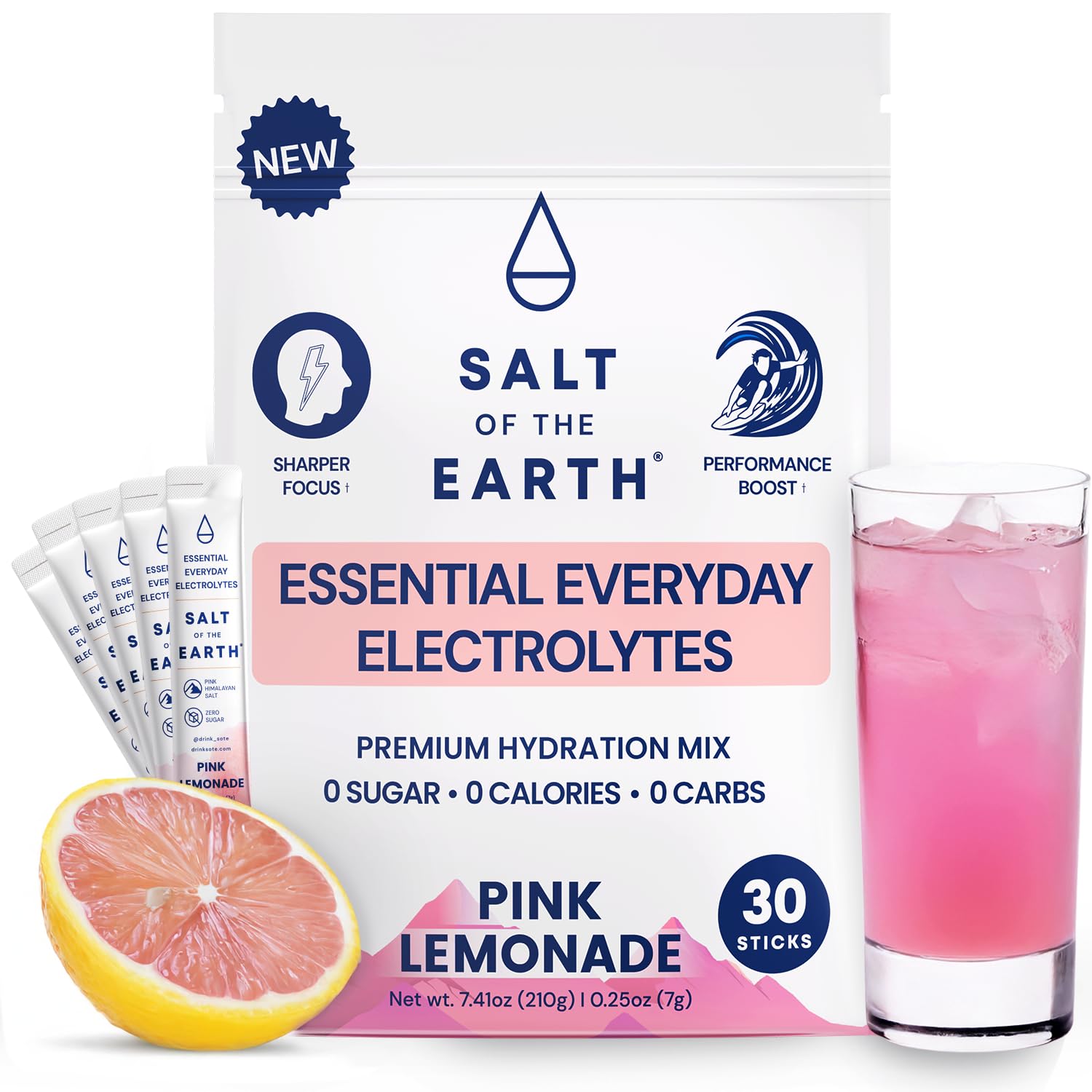 Salt of the Earth Premium Zero-Sugar Electrolyte - Pink Himalayan Salt Hydration Powder Packets | Keto & Paleo Friendly | 30 Sticks, Pink Lemonade