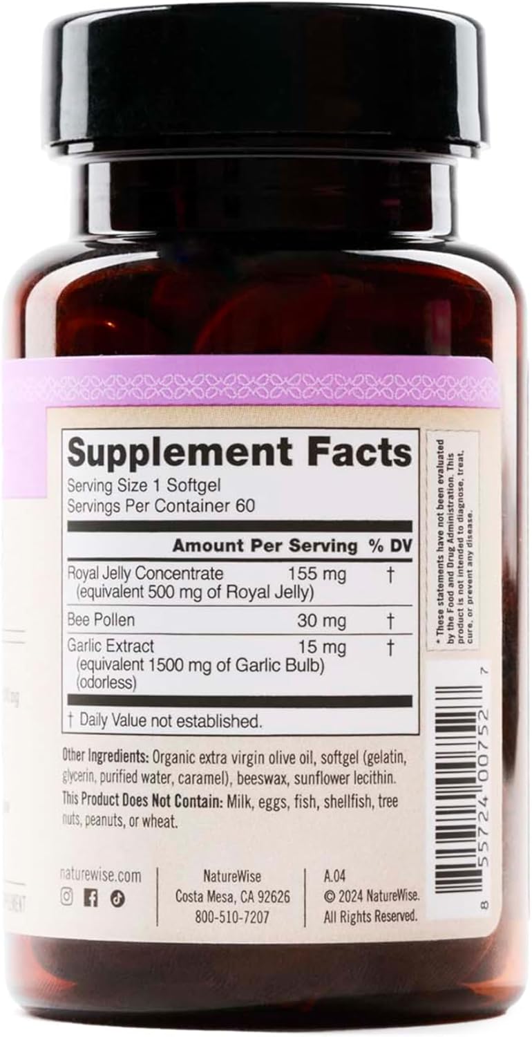 NatureWise Odorless Garlic Pills 1500 mg - with Royal Bee Jelly & Pollen - Herbal Supplement for Heart Health + Immune System + Antioxidants - Gluten-Free, Non-GMO - 60 Softgels [2-Month Supply]