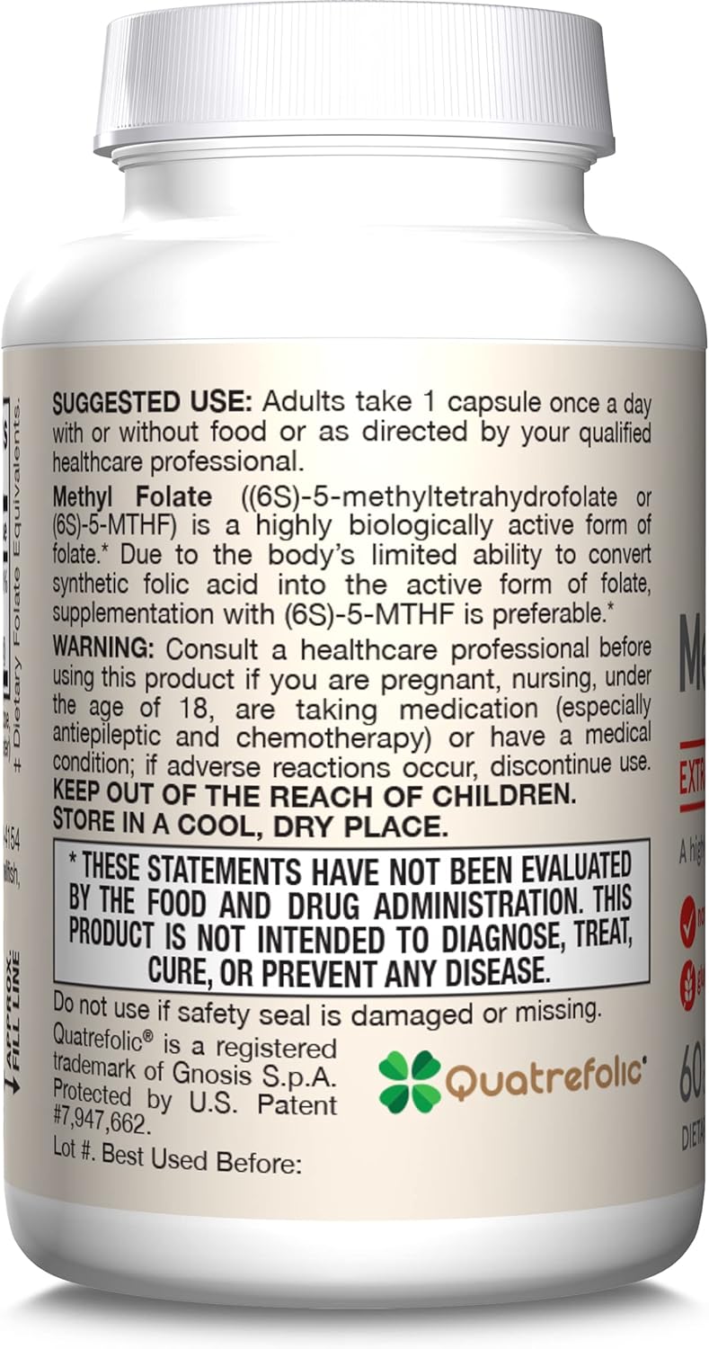 Jarrow Formulas Extra Strength Methyl Folate 400 mcg, Dietary Supplement for Cardiovascular and Neurologic Health Support, 60 Veggie Capsules, 60 Day Supply