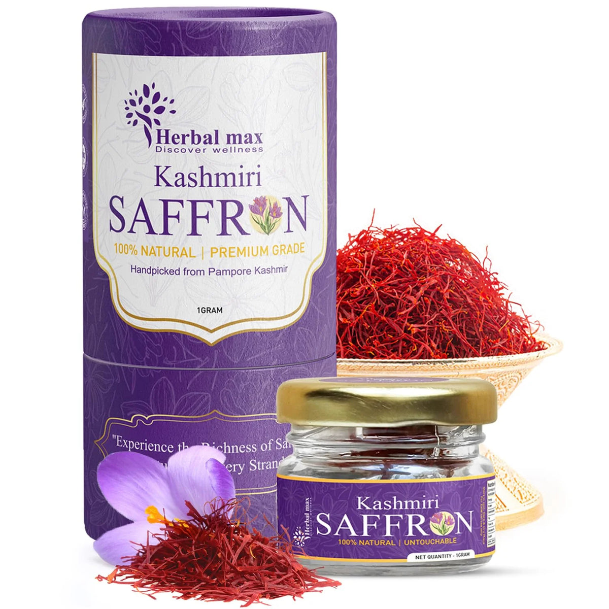 Herbal Max Premium Kashmiri Mongra Saffron Kesar 1g A+++ Grade for Cooking