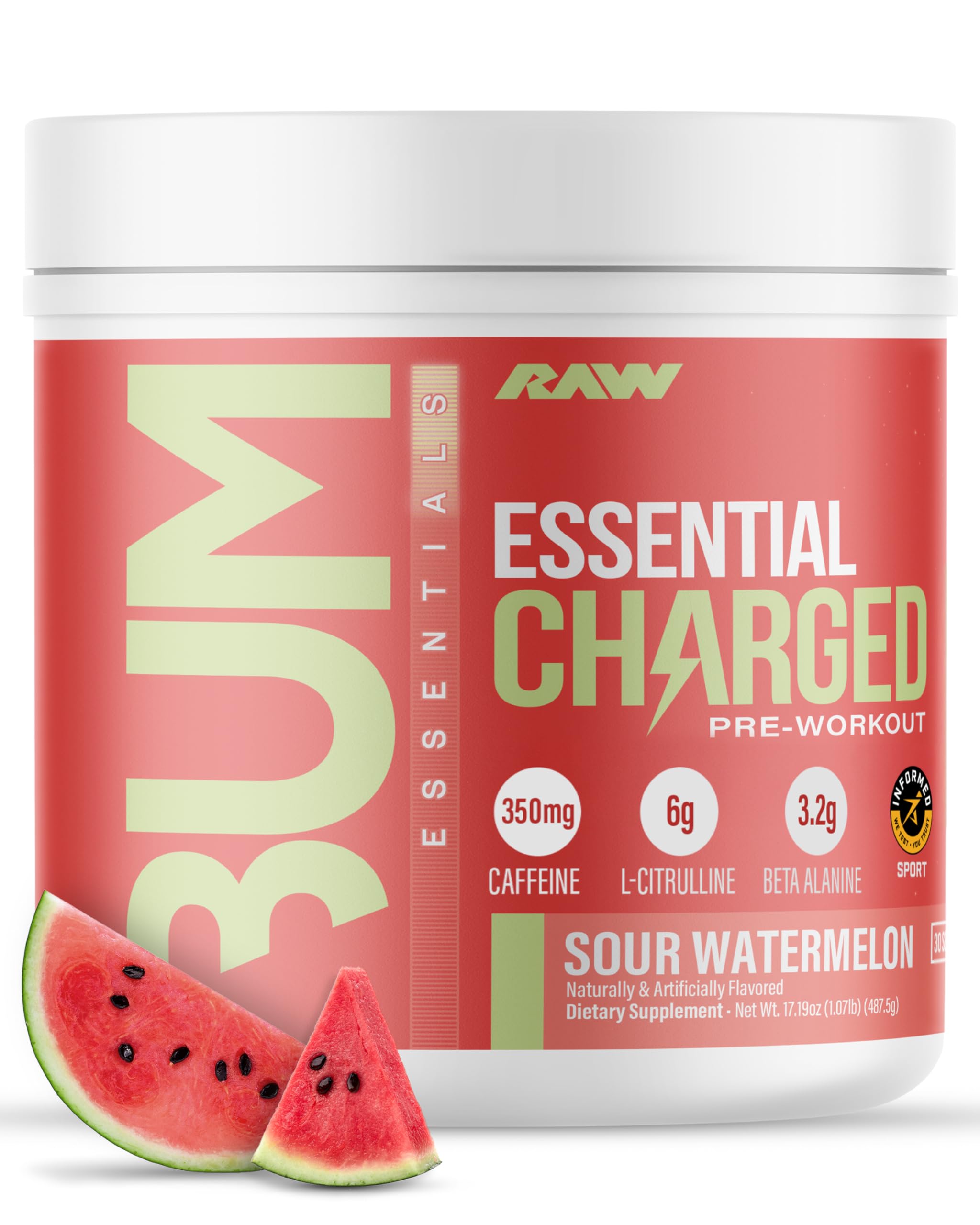 RAW Essential CHARGED Pre-Workout Powder - Sour Watermelon (25 Servings)