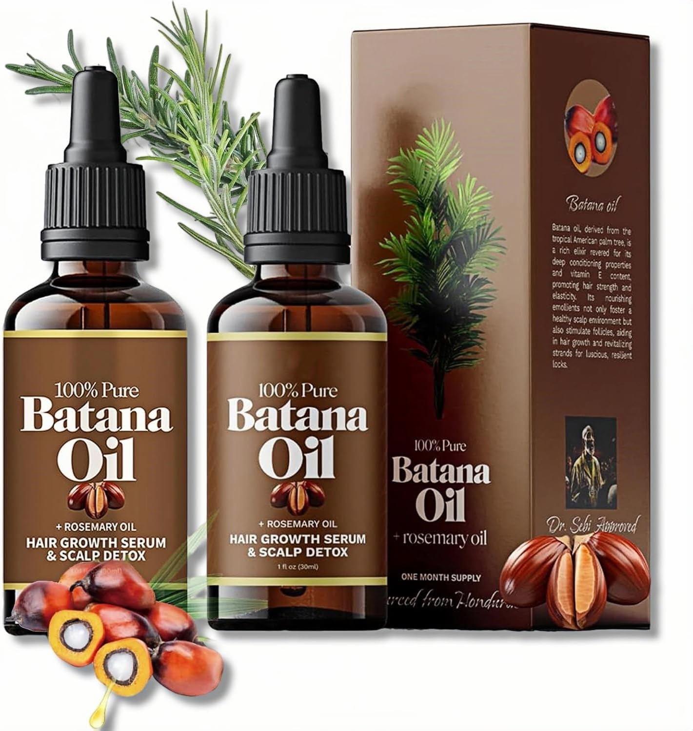 Organic Batana Oil with Rosemary - 100% Natural Hair Growth Treatment - 2-Pack (30ml/1 Fl Oz Each)