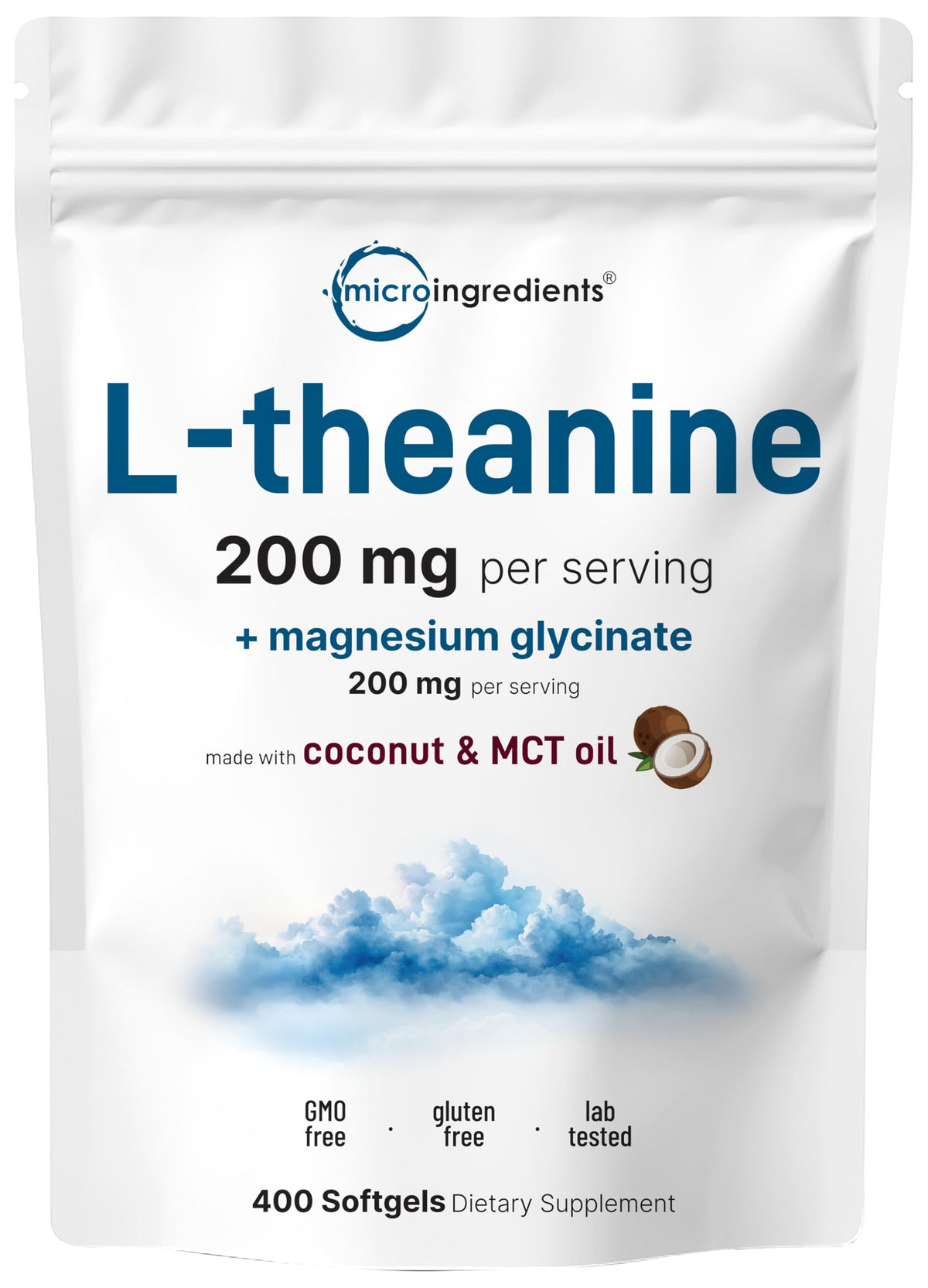 Micro Ingredients L-Theanine 200mg with Magnesium Glycinate - 400 MCT Coconut Oil Softgels for Relaxation & Focus
